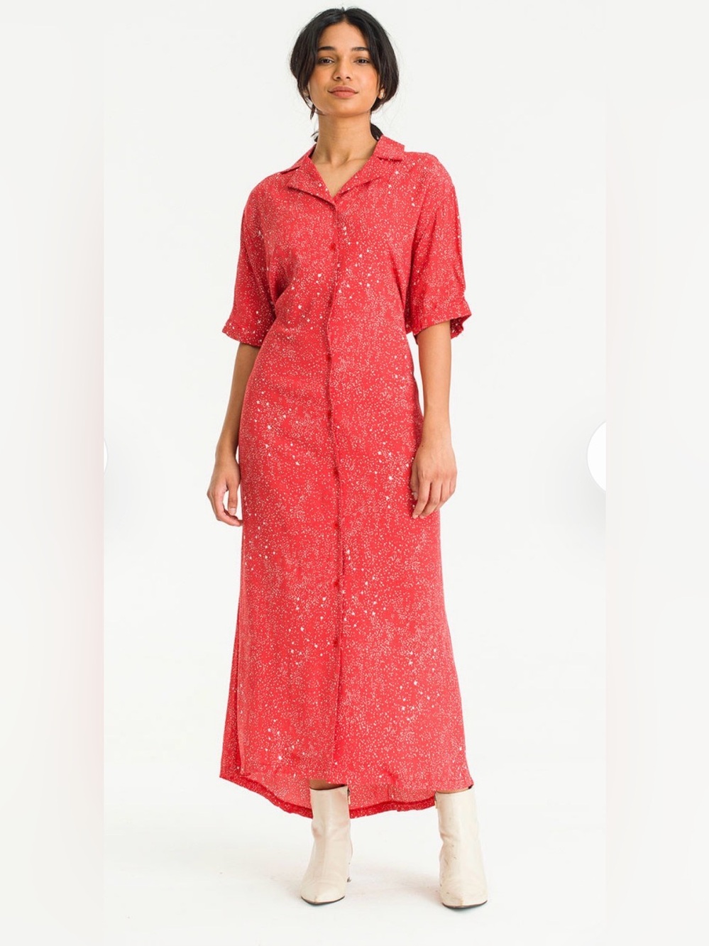 Olive Clothing Dotty Red Button-Front Maxi Dress Breezy-Airy Summer Go-To